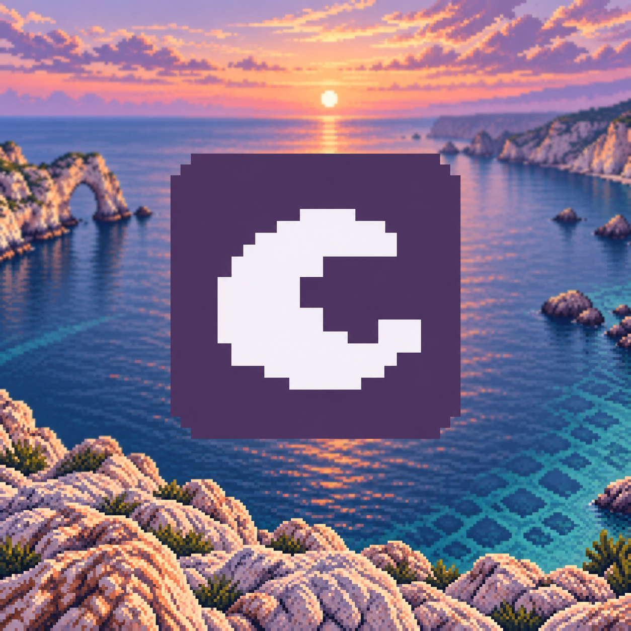 Avatar TESSRA com a onda em pixels sobre uma costa em tons de lilás e marfim